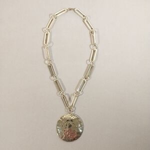 Gold Link Necklace with Hammered Disc Pendant - Women's Fashion Jewelry